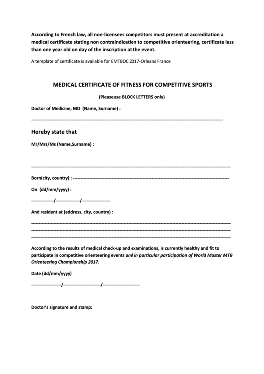 Medical Certificate Of Fitness For Competitive Sports Template Printable pdf