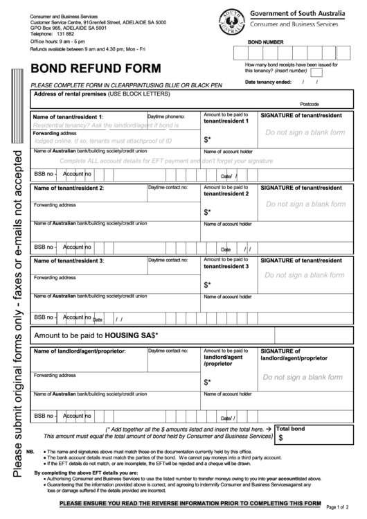 Fillable Bond Refund Form - Consumer And Business Services - Government Of South Australia Printable pdf