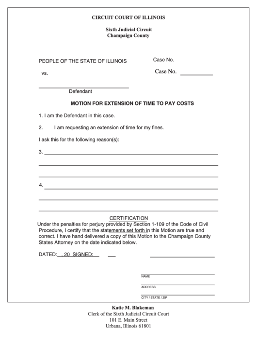 Fillable Motion For Extension Of Time To Pay Costs - Circuit Court Of Illinois Printable pdf