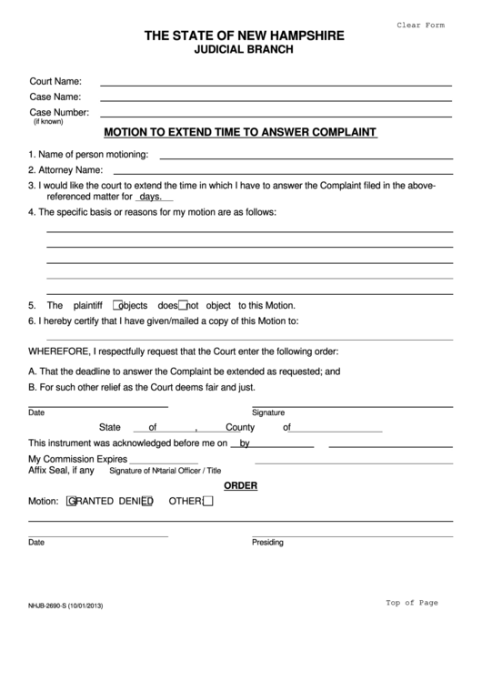 Fillable Form Nhjb-2690-S - Motion To Extend Time To Answer Complaint Printable pdf