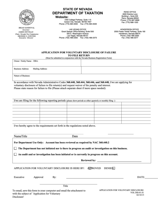 Form Vol Dis-01.01 - Application For Voluntary Disclosure Of Failure To File Return - 2015