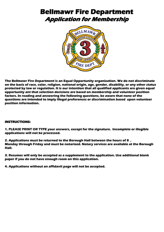 Application For Membership - Bellmawr Fire Department Printable pdf