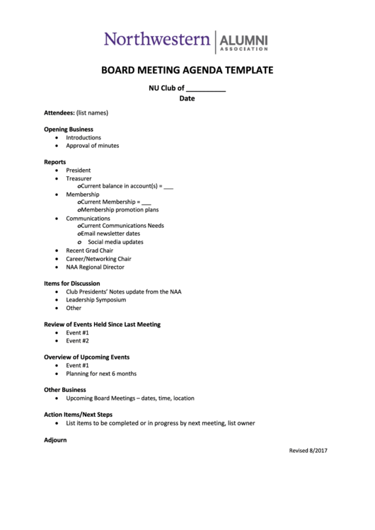 Board Meeting Agenda Template Printable pdf