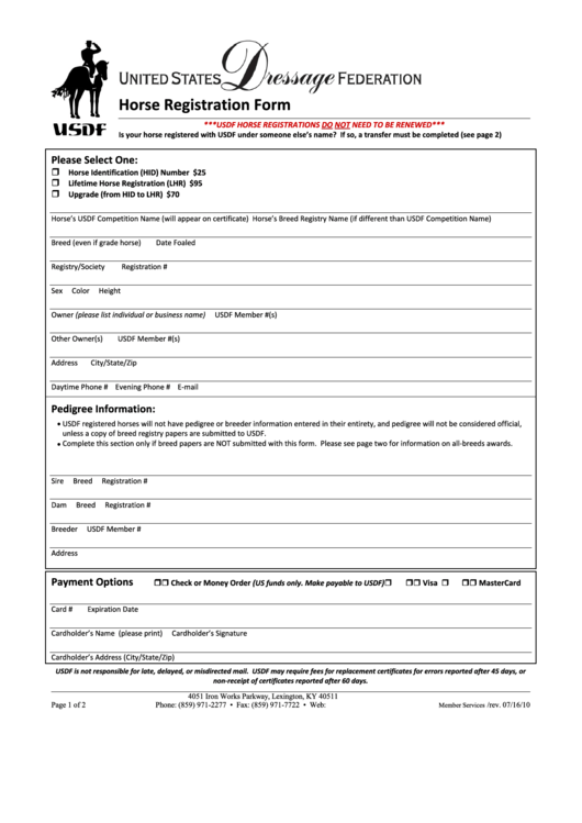 Horse Registration Form - United States Dressage Federation Printable pdf