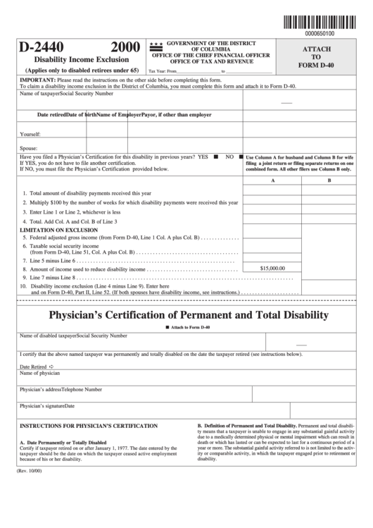 Form D-2440 - Attachment To Form D-40 - Disability Income Exclusion - 2000 Printable pdf