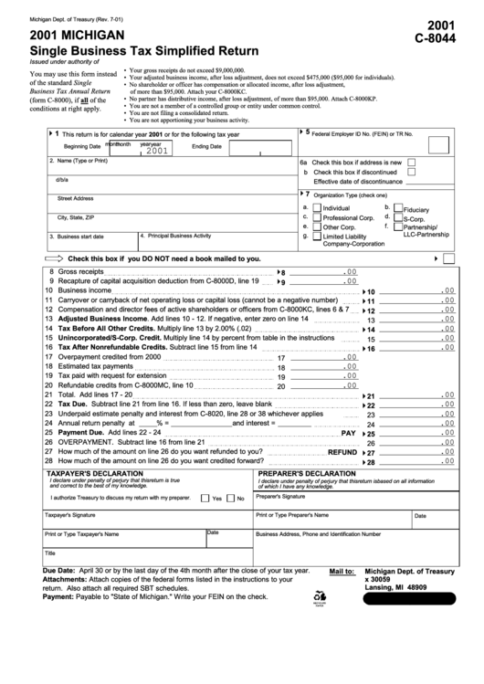 Form C-8044 - Single Business Tax Simplified Return - 2001 Printable pdf