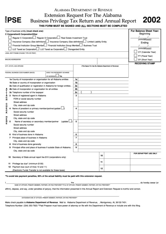 Form Pse - Extension Request For The Alabama Business Privilege Tax Return And Annual Report - 2002 Printable pdf