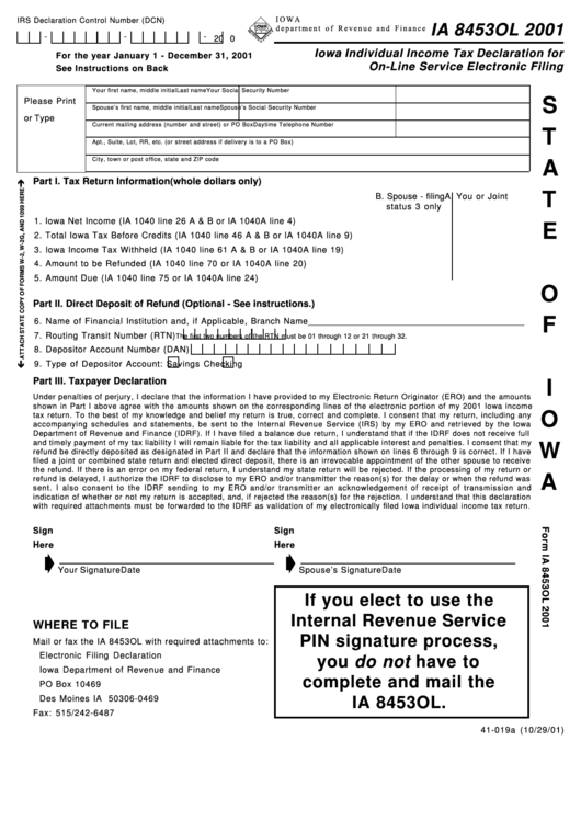 Form Ia 8453ol - Iowa Individual Income Tax Declaration For On-Line Service Electronic Filing - 2001 Printable pdf