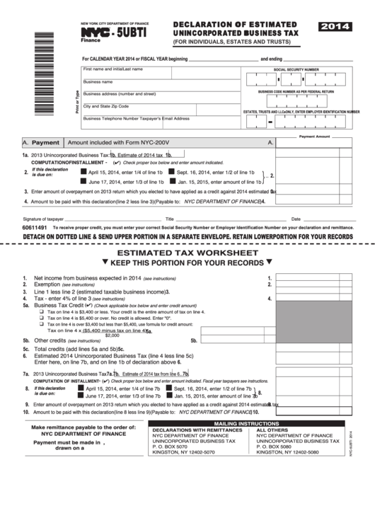 Form Nyc-5ubti - Declaration Of Estimated Unincorporated Business Tax - 2014 Printable pdf