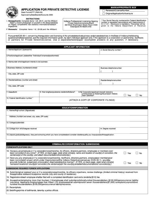 Fillable State Form 43777 - Application For Private Detective License Printable pdf