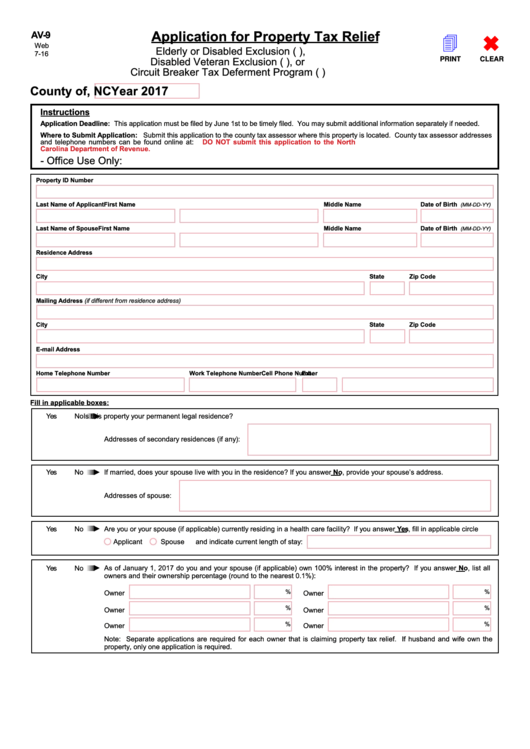 Form Av-9 - Application For Property Tax Relief - 2017