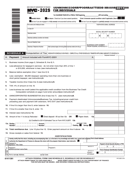 Form Nyc-202s - Unincorporated Business Tax Return For Individuals - 2013 Printable pdf