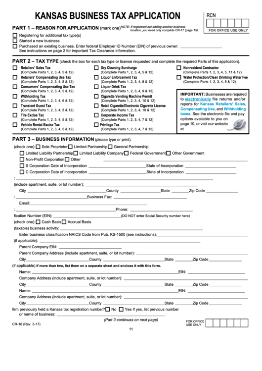 Form Cr-16 - Kansas Business Tax Application - 2017