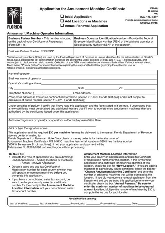 Form Dr-18 - Application For Amusement Machine Certificate - 2016 Printable pdf