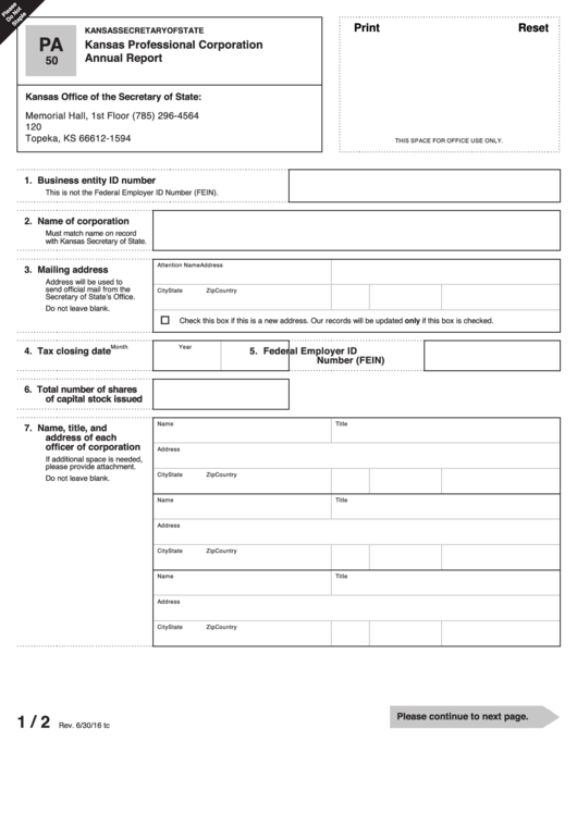 Fillable Form Pa 50 - Kansas Professional Corporation Annual Report - 2016 Printable pdf