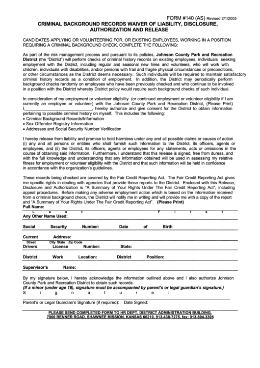 Form 140 (As) - Criminal Background Records Waiver Of Liability, Disclosure, Authorization And Release Printable pdf