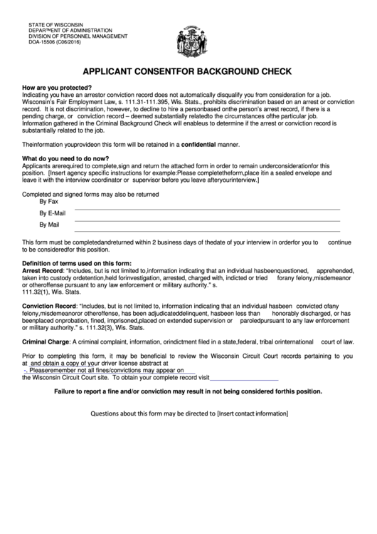 Fillable Form Doa-15506 - Applicant Consent For Background Check Printable pdf