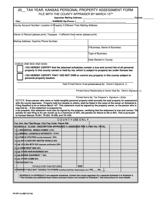 Fillable Form Pv-Pp-1a - Kansas Personal Property Assessment Form Printable pdf