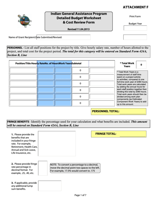 Fillable Detailed Budget Worksheet & Cost Review Form - Indian General Assistance Program Printable pdf