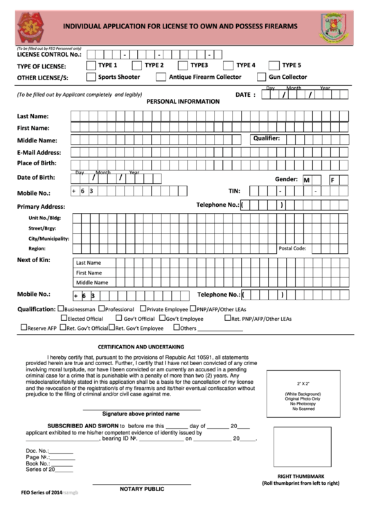 Individual Application For License To Own And Possess Firearms Printable pdf