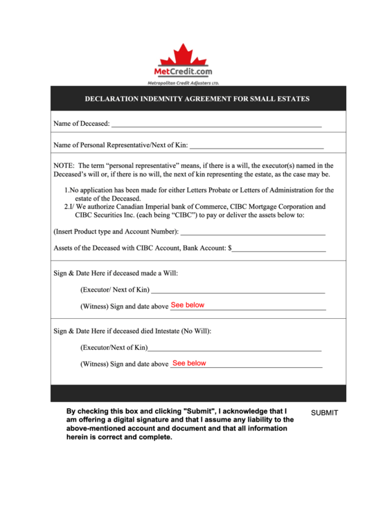 Fillable Declaration Indemnity Agreement For Small Estates Printable pdf