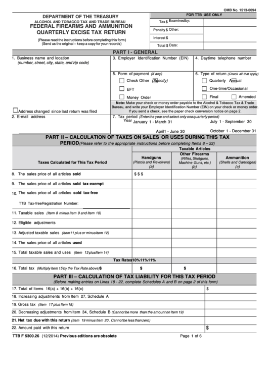 Fillable Form Ttb F 5300.26 - Federal Firearms And Ammunition Quarterly Excise Tax Return - 2014 Printable pdf
