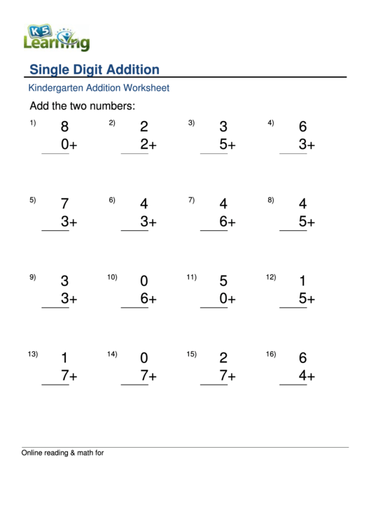 Single Digit Addition - Kindergarten Addition Worksheet