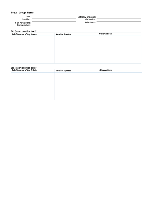 Focus Group Notes Template Printable pdf