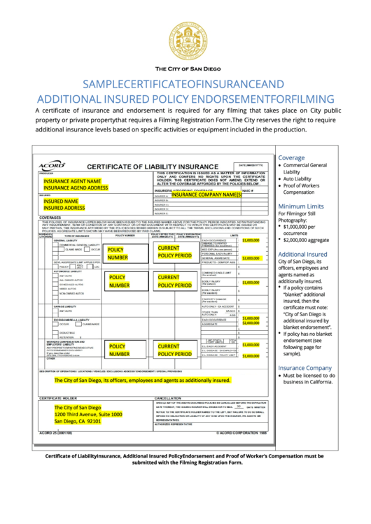 Form Acord 25 - Sample Certificate Of Liability Insurance - San Diego Printable pdf