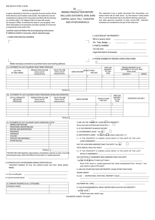 Fillable Form Boe-560-B (S1f) - Mining Production Report Printable pdf
