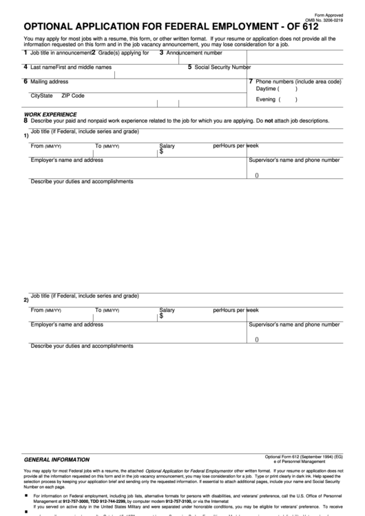Fillable Optional Form 612 - Optional Application For Federal Employment - U.s. Office Of Personnel Management Printable pdf
