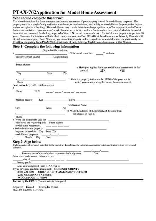 Form Ptax-762 - Application For Model Home Assessment Printable pdf