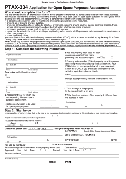 Fillable Form Ptax-334 - Application For Open Space Purposes Assessment Printable pdf