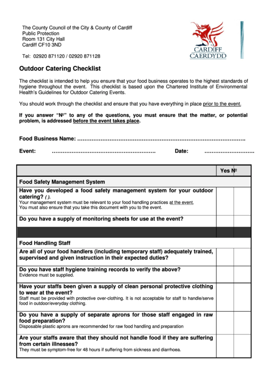 Outdoor Catering Checklist Template Printable pdf