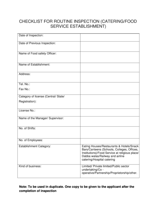 Checklist For Routine Inspection Template (Catering/ Food Service Establishments) Printable pdf
