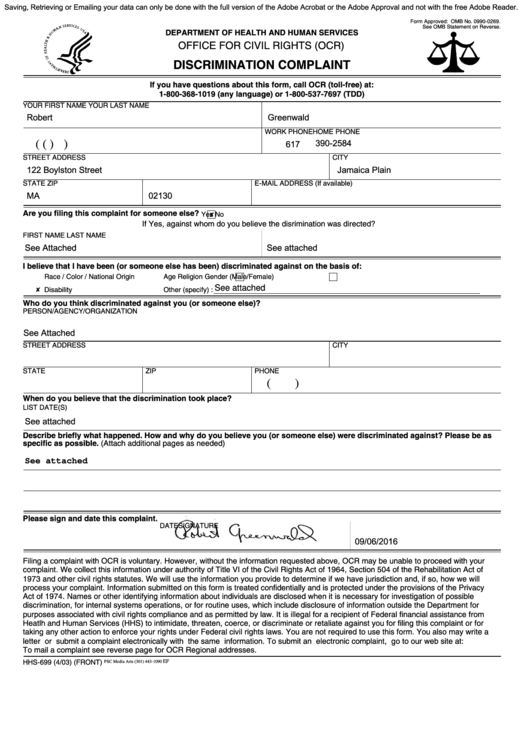 Fillable Form Hhs-699 - Discrimination Complaint - Department Of Health And Human Services - Office For Civil Rights (Ocr) Printable pdf