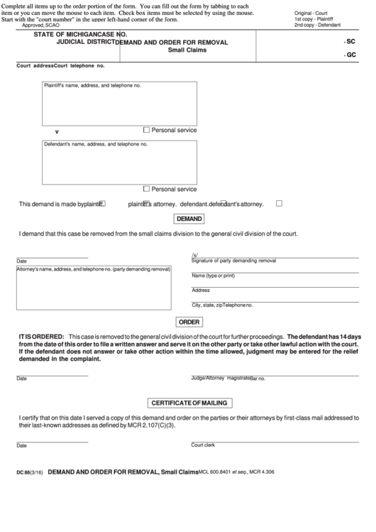 Fillable Form Dc 86 - Demand And Order For Removal - Small Claims Printable pdf