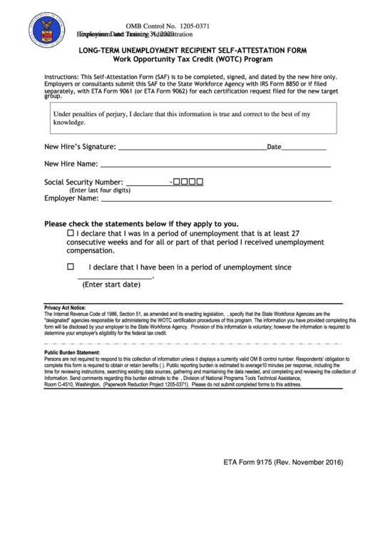 Eta Form 9175 - Long-Term Unemployment Recipient Self-Attestation Form Work Opportunity Tax Credit (Wotc) Program Printable pdf