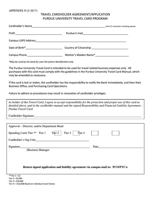 Fillable Travel Cardholder Agreement/application - University Travel Card Program Printable pdf