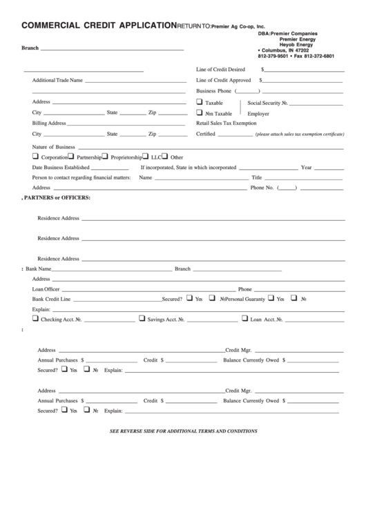 Commercial Credit Application - State Of Indiana Printable pdf