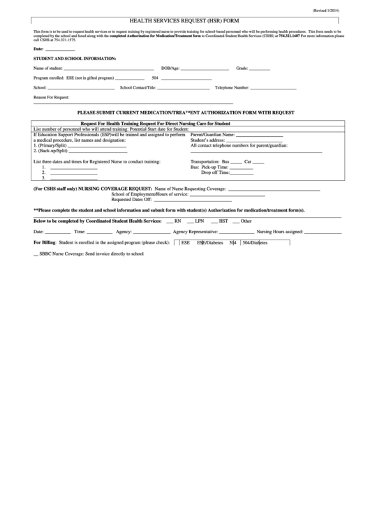 Health Services Request (Hsr) Form - Coordinated Student Health Services Printable pdf