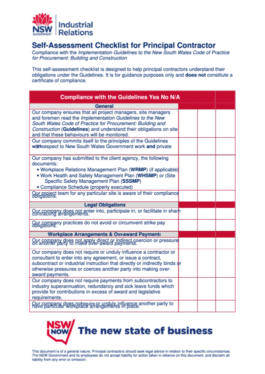 Self-Assessment Checklist For Principal Contractor - New South Wales Government Printable pdf