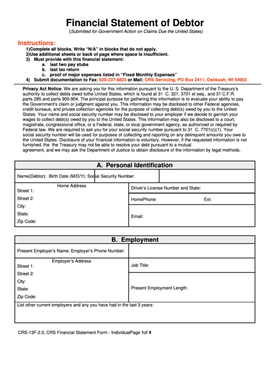 Fillable Form Crs-13f-2.0 - Financial Statement Of Debtor Printable pdf