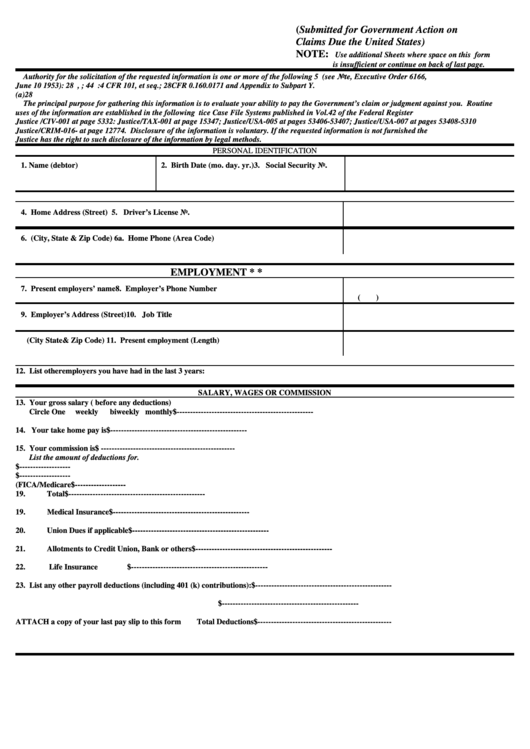 Financial Statement Of Debtor (Submitted For Government Action On Claims Due The United States) Printable pdf