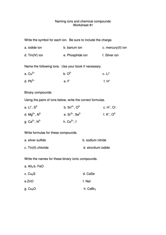 Naming Ions And Chemical Compounds Worksheet