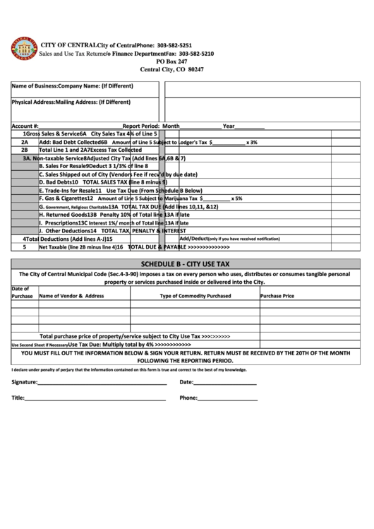 Sales And Use Tax Return - City Of Central Printable pdf