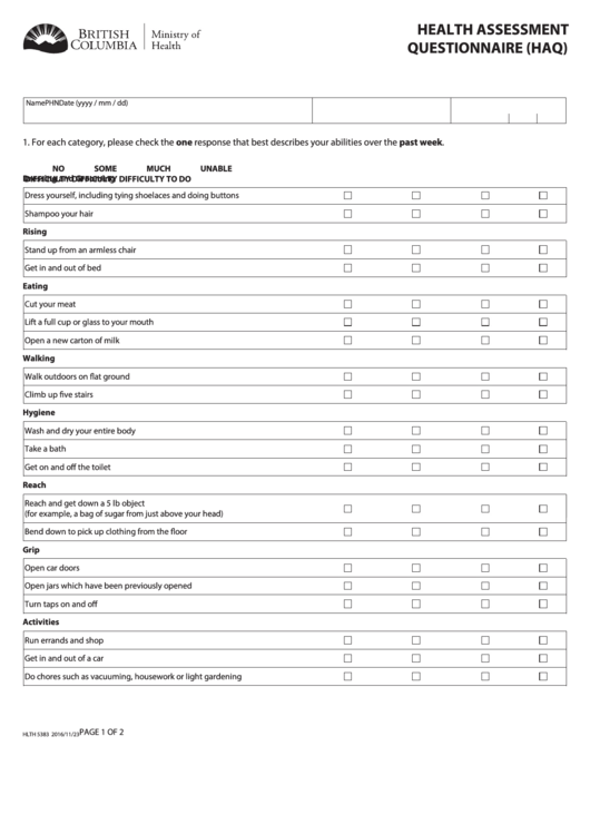 Fillable Health Assessment Questionnaire (Haq) - British Columbia Ministry Of Health Printable pdf