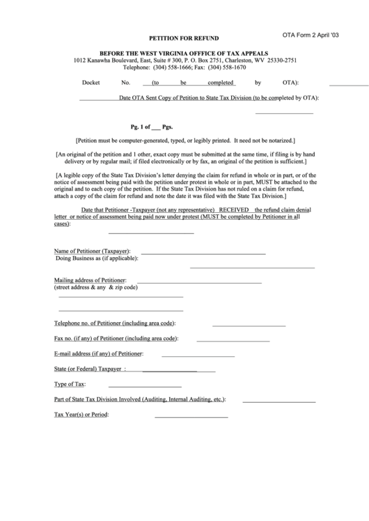 Ota Form 2 - Petition For Refund - West Virginia Offfice Of Tax Appeals Printable pdf