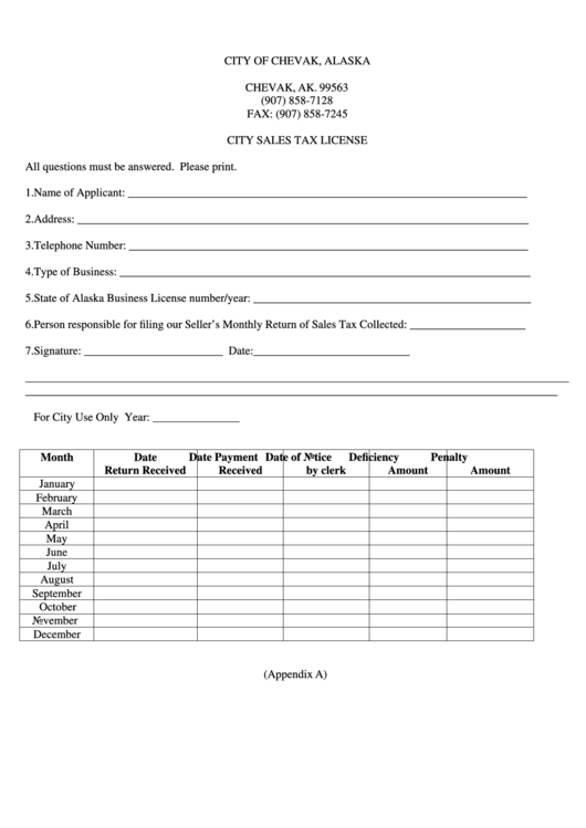City Sales Tax License - City Of Chevak Printable pdf