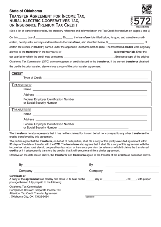 Fillable Form 572 - Transfer Agreement For Income Tax, Rural Electric Cooperatives Tax, Or Insurance Premium Tax Credit Printable pdf